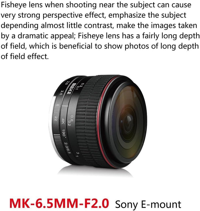 Meike MK 6,5 mm f/2.0 Kreisförmige Objektiv Fisheye für Sony E-Mount Kameras NEX 5 A6000 A6300 A6400