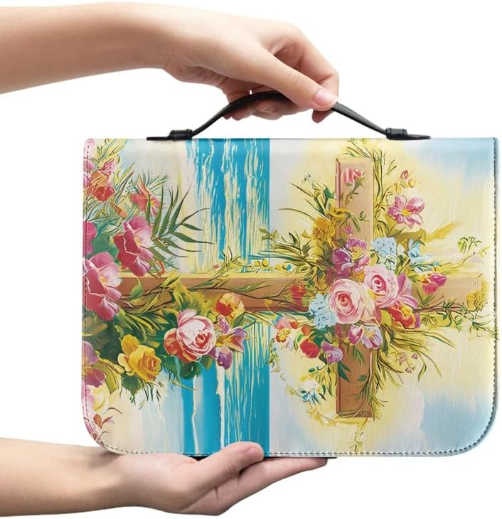 Kuiaobaty Gemaltes Kreuz Blumen Bibeletui mit Griff, Meereslandschaft Vegan PU Leder Buchhülle mit R