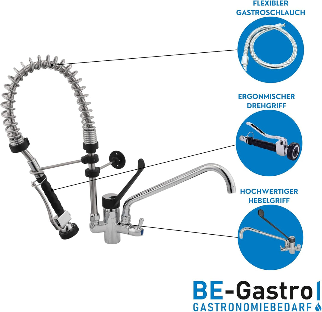 BE-GASTRO® I Profi Gastro Geschirrbrause „Premium“ inkl. Wasserhahn, Mischbatterie & ergonomischem L