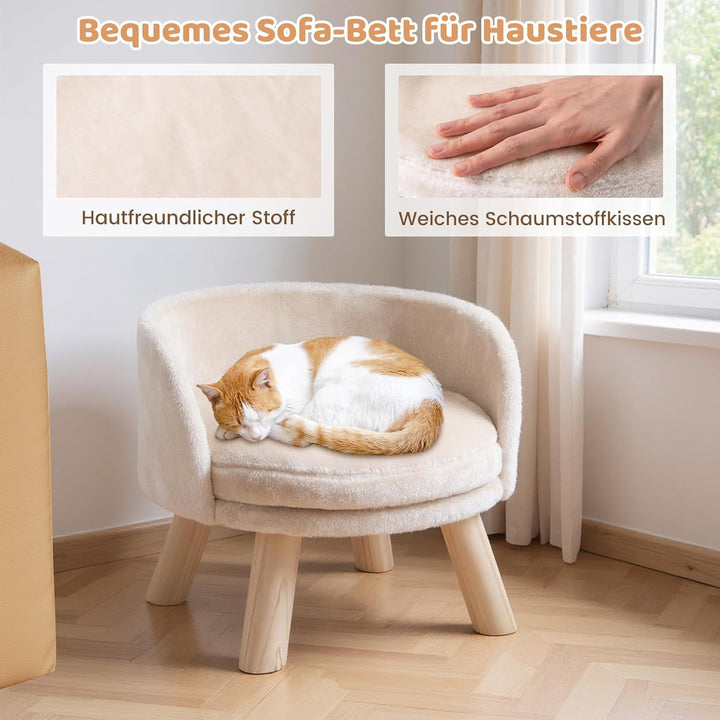 COSTWAY Katzensofa, Katzenbett erhöht, Katzencouch mit rundem Kissen, Rückenlehne & Holzbeinen, Katz