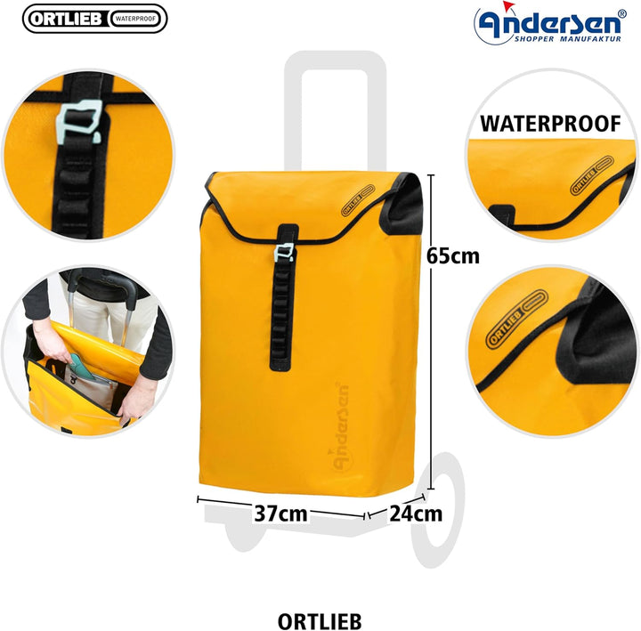 Andersen Shopper Tura Alu klappbar mit Kugellagerrad Ø 29 cm und 49 Liter Tasche Ortlieb gelb
