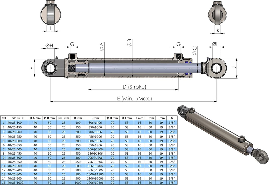 Hydraulikzylinder doppelwirkend mit Gelenkauge 60/40 (60/40-500 mm) 60/40 500 mm, 60/40 500 mm