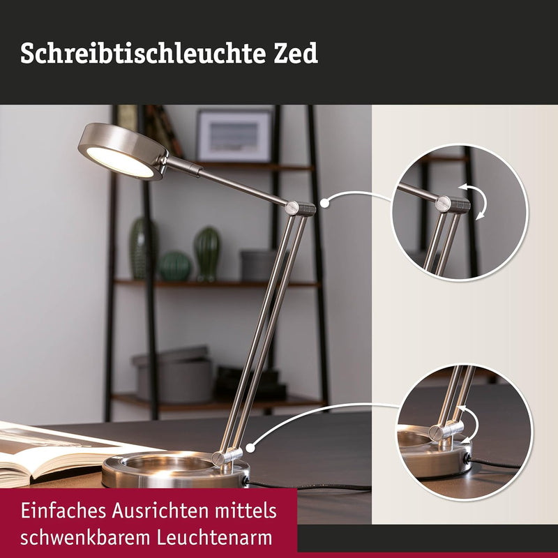 Paulmann 70245 LED Schreibtischleuchte Zed 6,7W Eisen gebürstet/Metall 70245 moderne Tischlampe Tisc