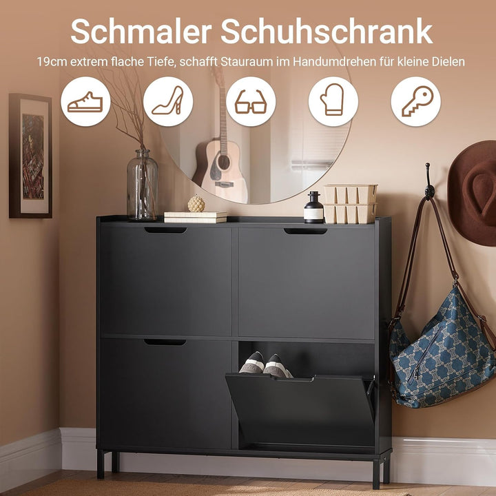 SoBuy Schuhschrank schmal mit 4 Klappen platzsparender Schuhkipper Hoch Kommode mit 4 Ablagen Schuhr