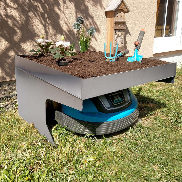 Mähroboter-Garage mit Pflanzkasten HWC-G60, Dach Unterstand für Rasenmäher, Metall 37x60x70cm - Edel