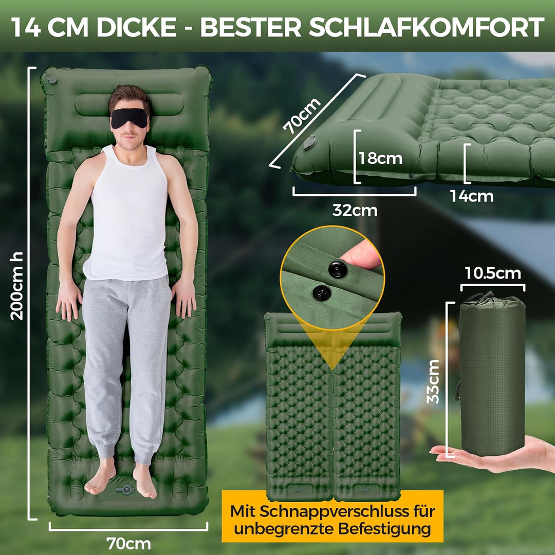 NAPASA Isomatte Camping, 14CM Verdicktes Aufblasbare Matratze mit Eingebauter Fusspresse Pumpe & Kis