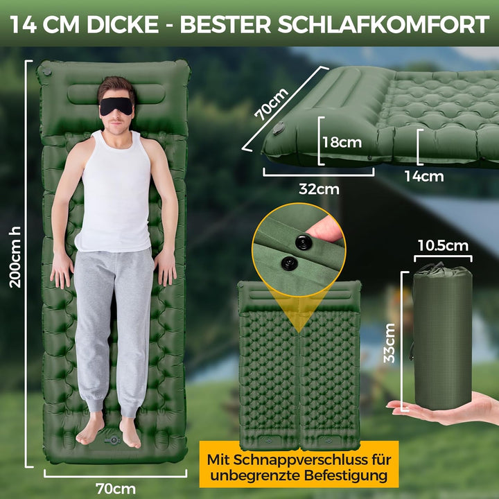 NAPASA Isomatte Camping, 14CM Verdicktes Aufblasbare Matratze mit Eingebauter Fusspresse Pumpe & Kis