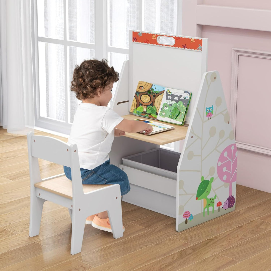 GOPLUS Kinderstaffelei Spieltisch mit Stuhl, Kindertisch und Stuhl-Set mit drehbarer doppelseitiger