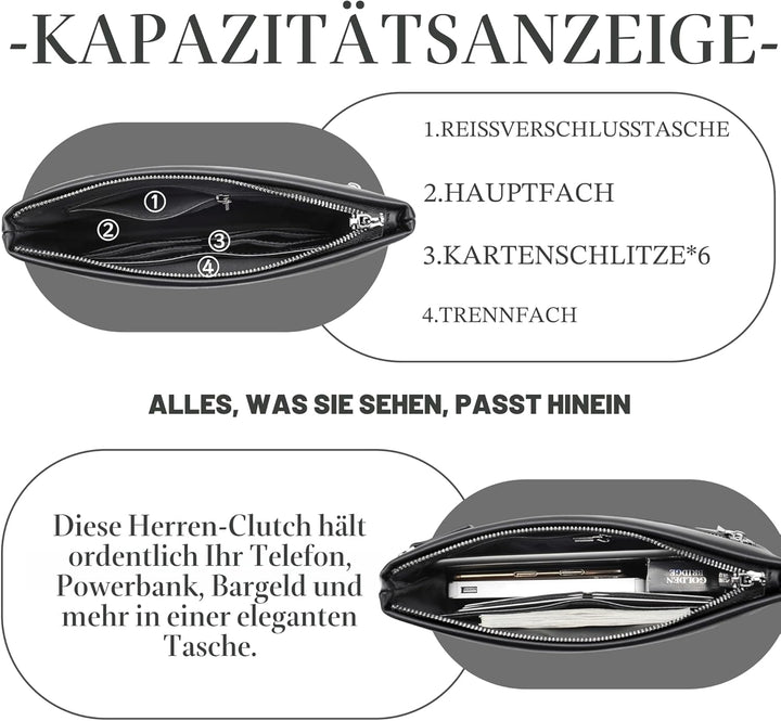 FSD.WG Herren Clutch Bag Handtasche Leder Reissverschluss Grosse Geldbörse Clutch Geldbörse mit Geld