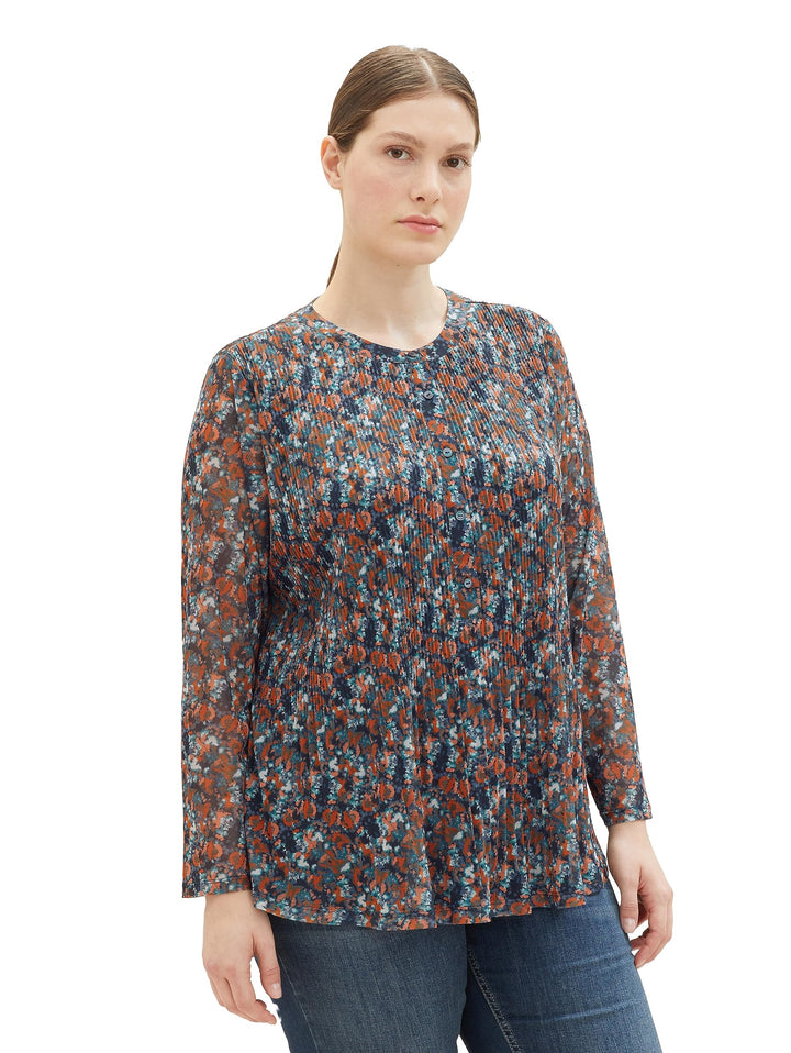 TOM TAILOR Damen 1039920 Mesh-Langarmshirt Bluse mit Muster (1er Pack) 48 32370 - Navy Small Tie Dye