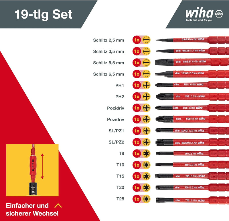 Wiha Drehmoment Schlüssel Schraubendreher Set TorqueVario-S electric (36791) gemischt 19tlg. I 0,8-5