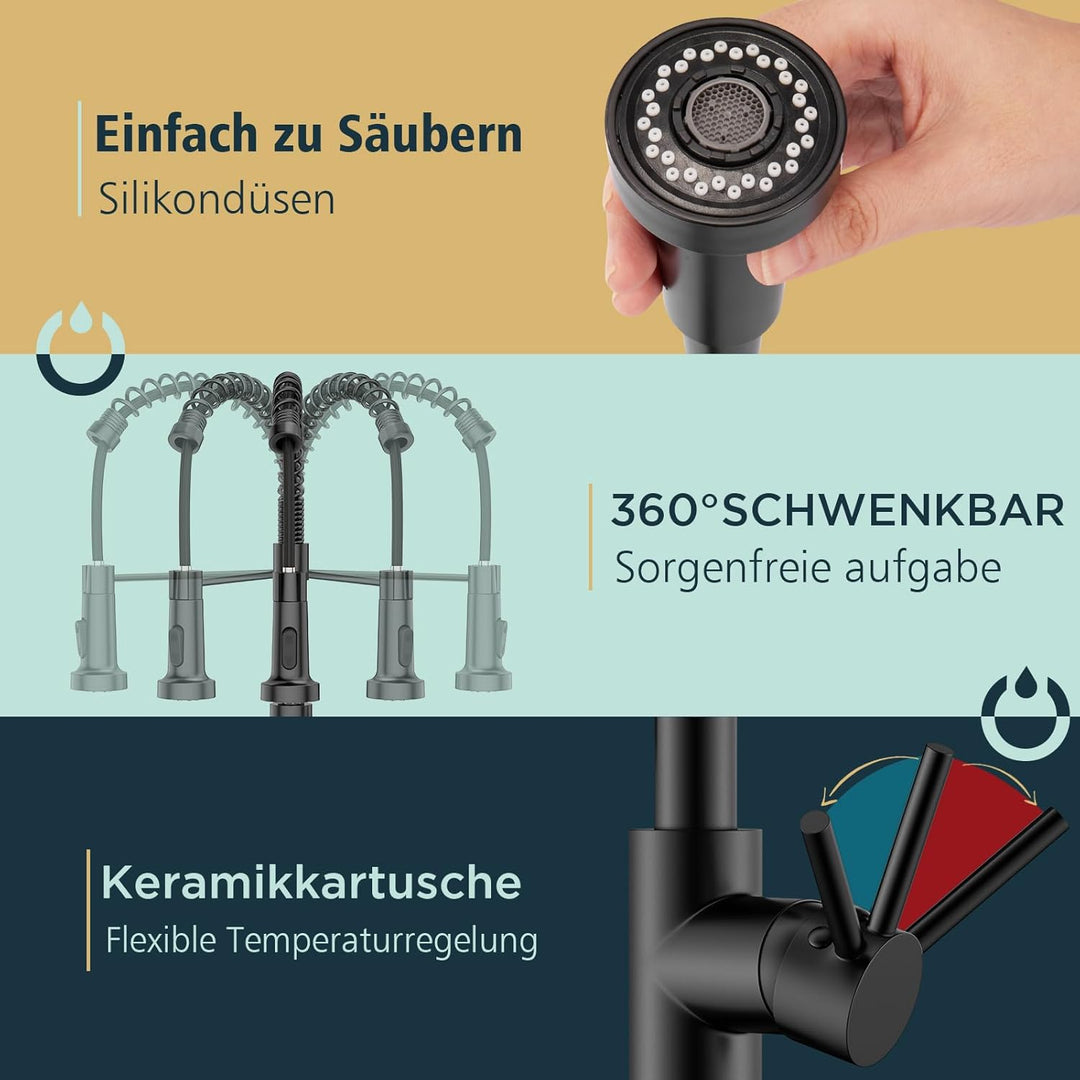 FORIOUS Wasserhahn Küche Schwarz, Edelstahl-Wasserhahn Küche Ausziehbar Brause, Einhebelmischer Misc