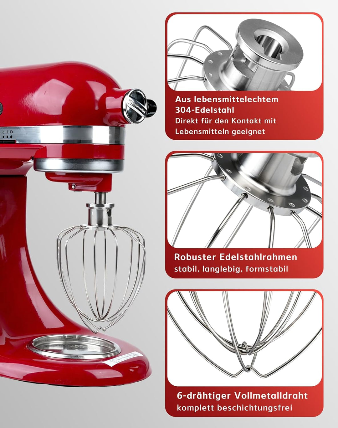 6-Draht Schneebesen für KitchenAid 4.5-5QT Kippkopf-Mixer – Edelstahl Ersatz für K45WW, K45, KSM75,