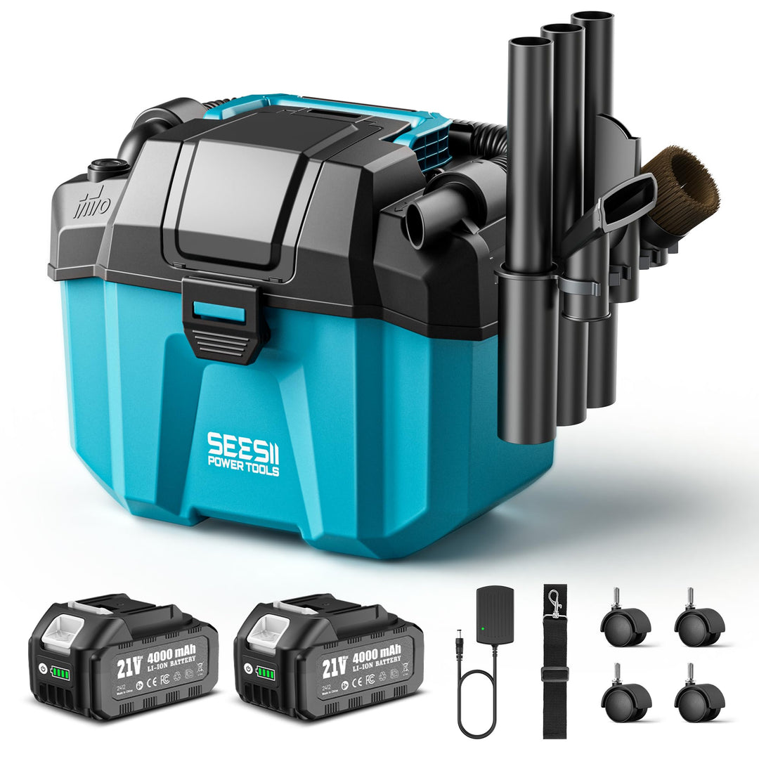 SEESII Akku Nass und Trockensauger, 3-in-1 Werkstattsauger mit Gebläse 2x4000mAh Batterien, 10L Nass