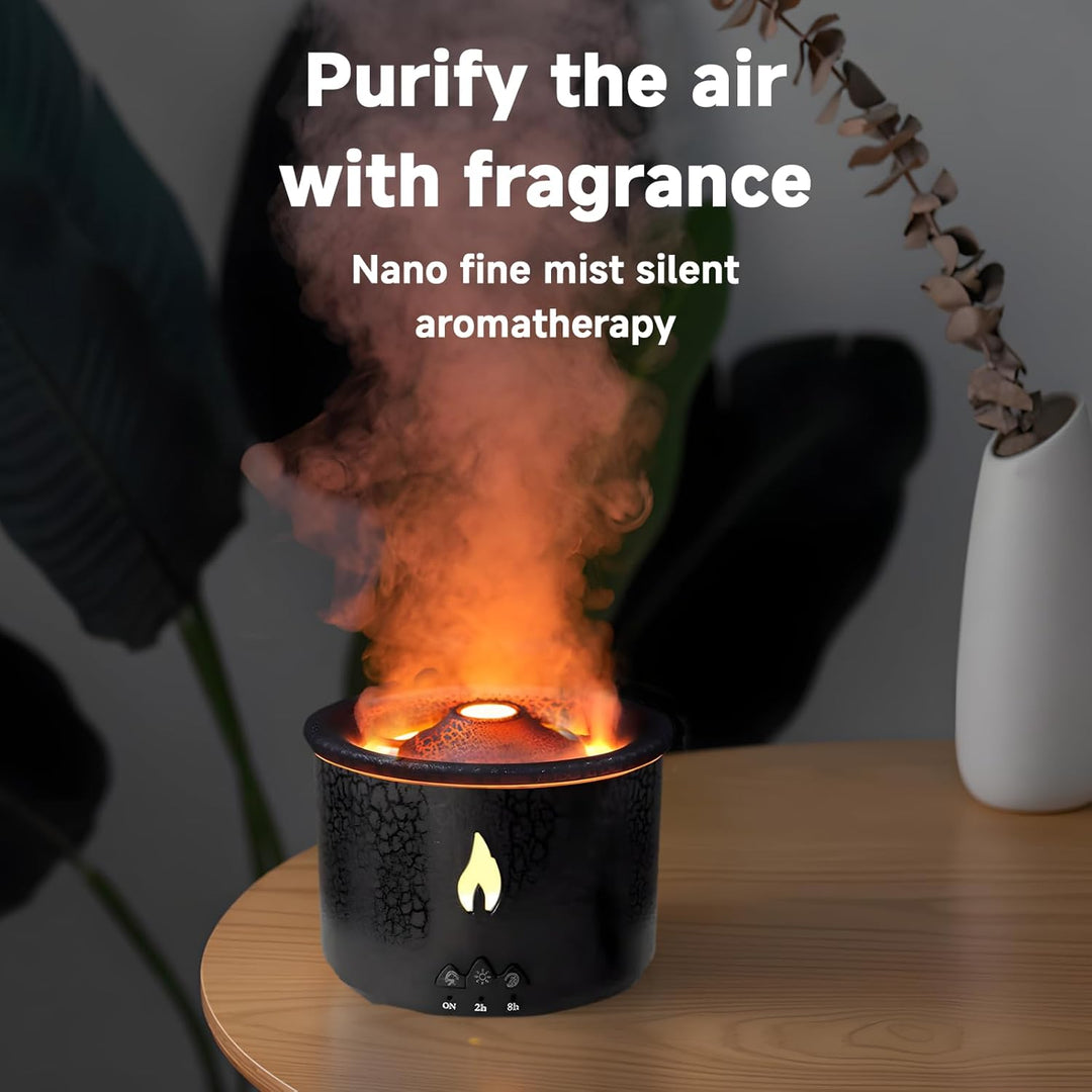 Vulkan Luftbefeuchter Flammen Aroma Diffusor,300ML Aromatherapie Luftbefeuchter 2 Nebelmodus mit Fer
