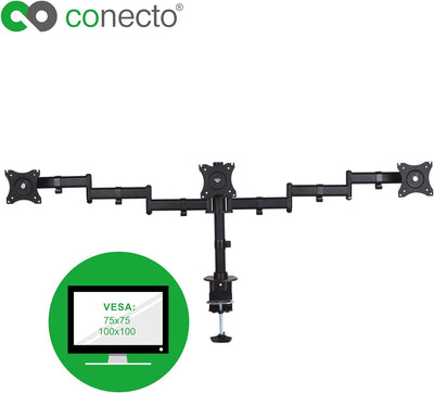 conecto,Monitor-Halterung für DREI Bildschirme bis 27 Zoll,neigbar (+/-45°),schwenkbar (+/-180°),dre