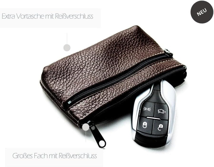 DELMON VARONE - Personalisierbares Schlüsseletui Leder Soft Grain braun - Schlüsseltasche mit Reissv