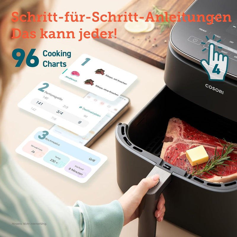 Cosori Turboblaze Heissluftfritteuse Airfryer, 9-in-1 Air Fryer XXL 6L, leiser DC Motor mit 5 Geschw