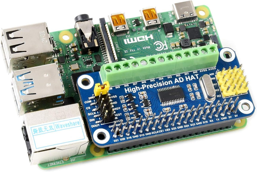 Waveshare High-Precision AD HAT for Raspberry Pi/Jetson Nano with ADS1263 Onboard 10-Ch 32-Bit Suppo