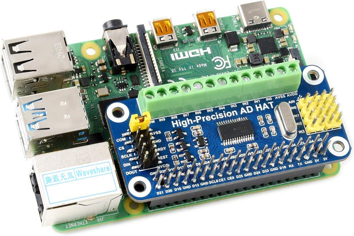 Waveshare High-Precision AD HAT for Raspberry Pi/Jetson Nano with ADS1263 Onboard 10-Ch 32-Bit Suppo