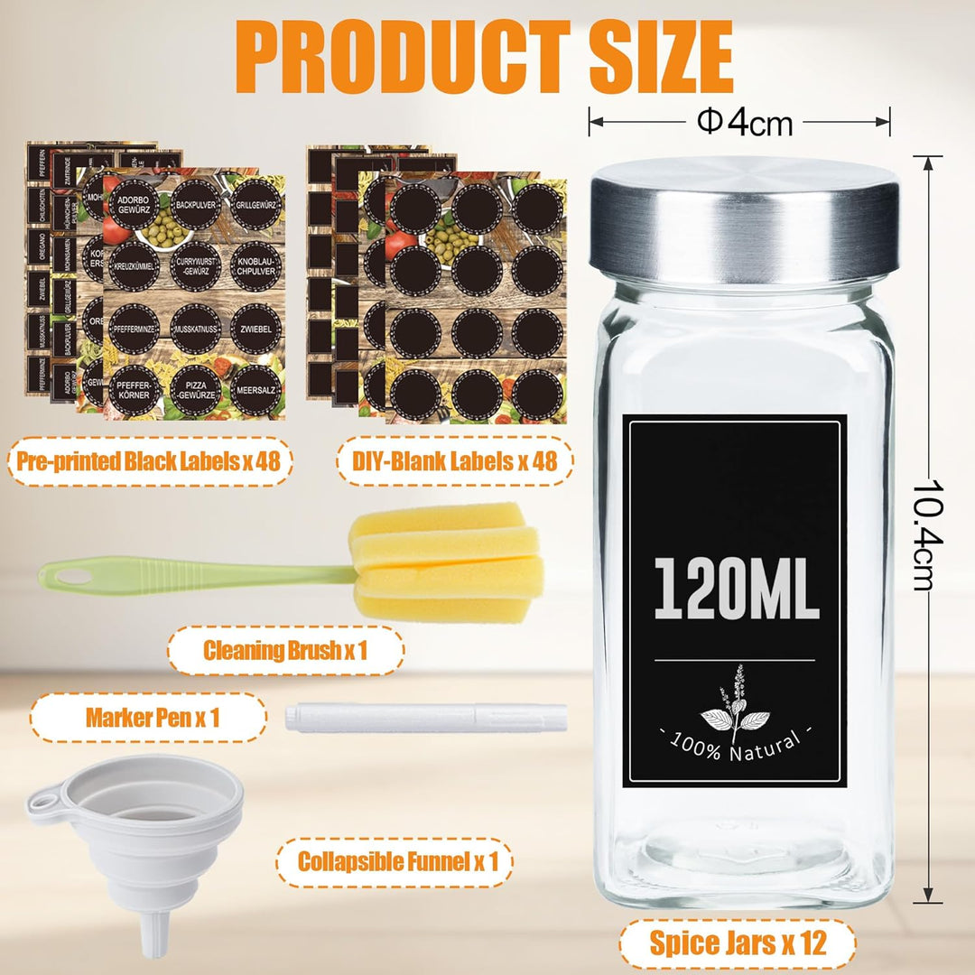 Verdego Gewürzgläser Eckig (12x 120ml), Gewürzdosen mit Edelstahldeckel, Trichter, Etiketten und Sti
