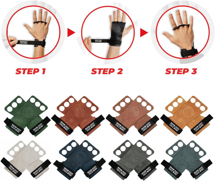 WARM BODY COLD MIND Leder Hand Grips - 3-Loch Handschuhe für Gewichtheben, Gymnastik, Crossfit, Pull