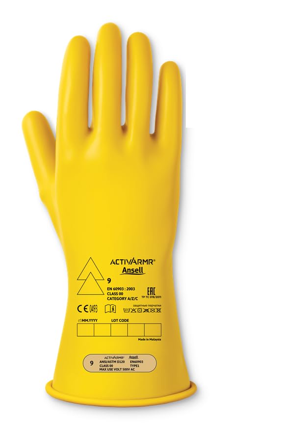 Ansell ActivArmr Elektriker-Schutzhandschuhe, Elektroschutz Klass 00 (500V), Elektrisch Isolierende