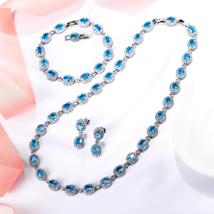 EVER FAITH Damen CZ Hochzeit Braut Oval Teardrop Halskette Ohrringe Armband Set Silber-Ton Hell Blau