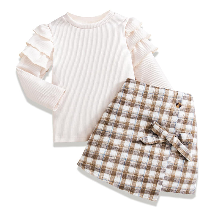 Baby Kinder Mädchen Kleidung Set Ruffle Gerippt Langarm Top Fliege karierten Rock 2PCS Frühling Herb