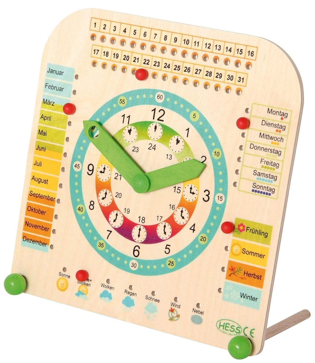 Hess Holzspielzeug 14658 - Stand - Kinderlernuhr aus Holz, ca. 25 x 25 cm