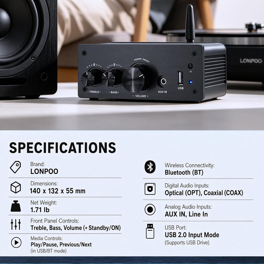 LONPOO Mini Bluetooth Hifi-Verstärker 200W mit Fernbedienung, Optical, COAX, USB, AUX-Eingang, 2 Kan