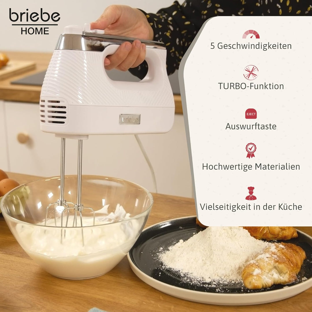 briebe Elegance Handmixer 400W, Handrührgerät Konditorei-Spezial 5 Geschwindigkeiten + Turbo, Handrü