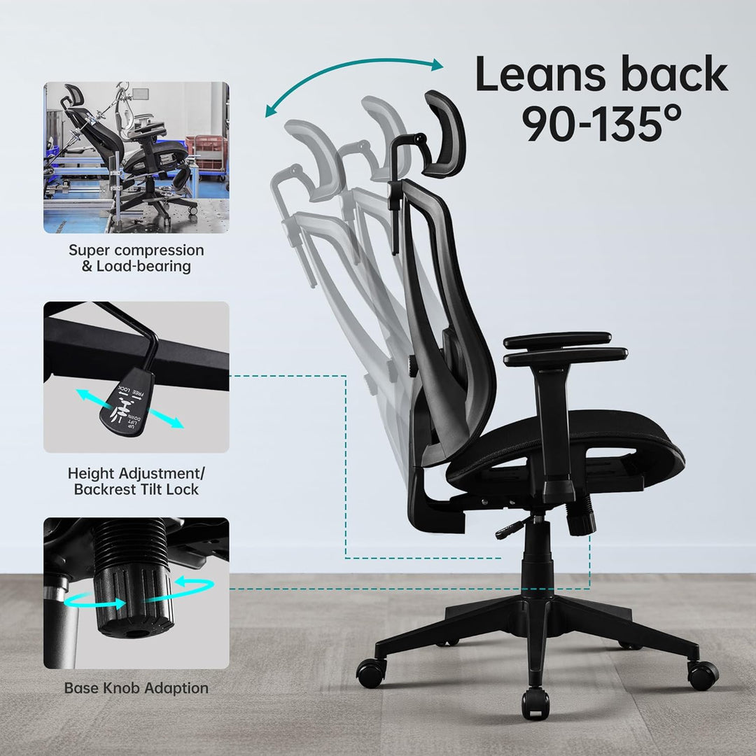 Bürostuhl Ergonomisch mit Verstellbar 3D Armlehne, Kopfstütze und Lendenwirbelstütze, Carbon-Mesh Ga