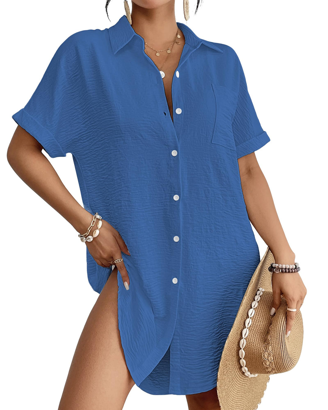 Bsubseach Frauen Badeanzug Coverup Shirt Kleid Button Down Badeanzug Cover Up Beachwear Blau S, Blau