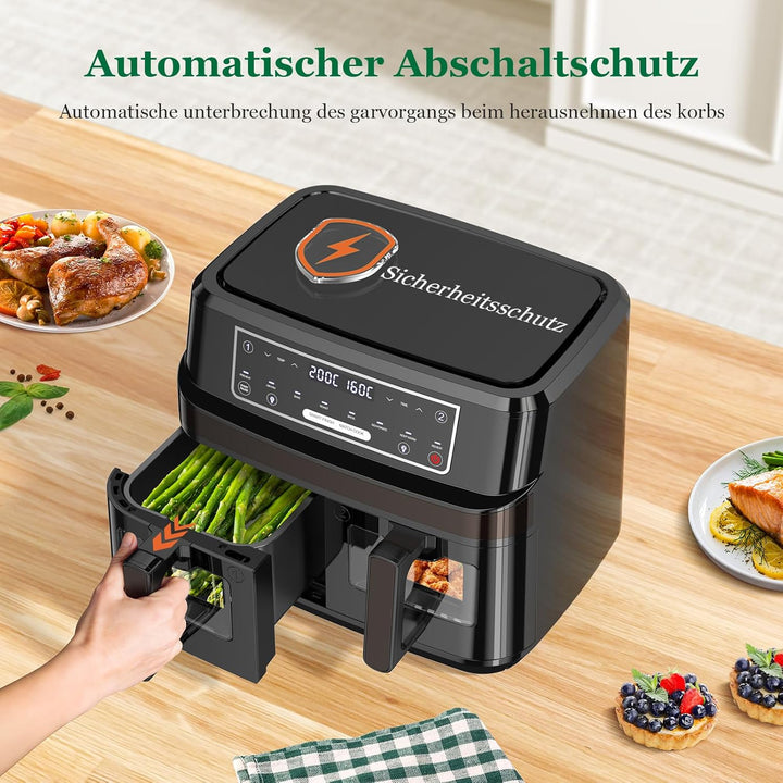 Heissluftfritteuse 2 Kammern | 10L Airfryer mit Sichtfenster Zweizonen Temperatur Separat Regeln, 8-