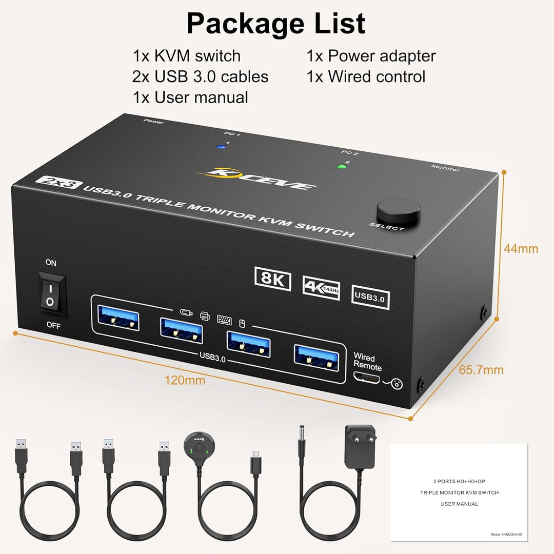 KVM Switch 2 PC 3 Monitore, KCEVE 2 HDMI + 1 DisplayPort KVM Umschalter, USB 3.0 8K@30Hz/4k@144Hz Dr