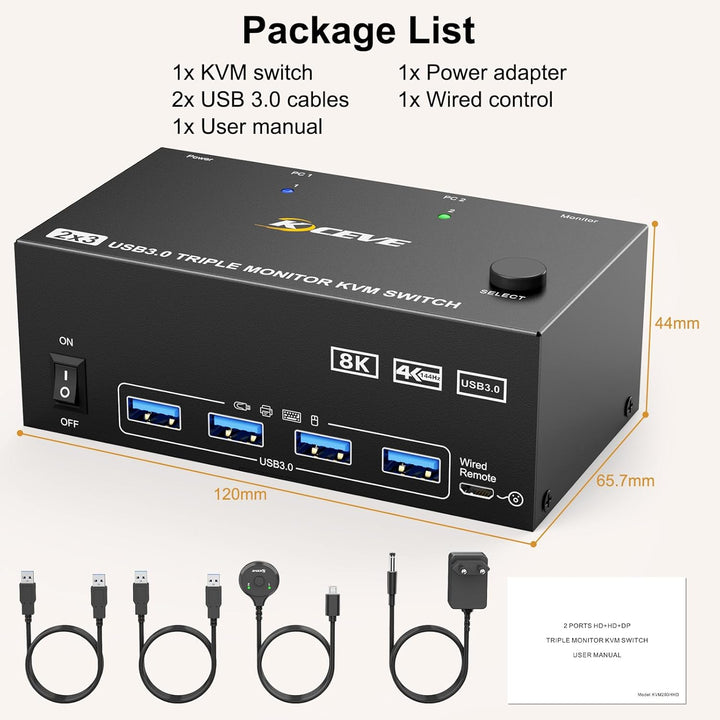 KVM Switch 2 PC 3 Monitore, KCEVE 2 HDMI + 1 DisplayPort KVM Umschalter, USB 3.0 8K@30Hz/4k@144Hz Dr