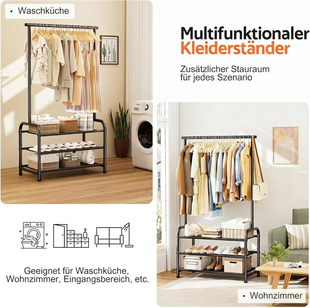 MISSLO 76CM Stabil Kleiderständer – freistehende Klein Kleiderstange mit 3-stufiger Schuhorgansation