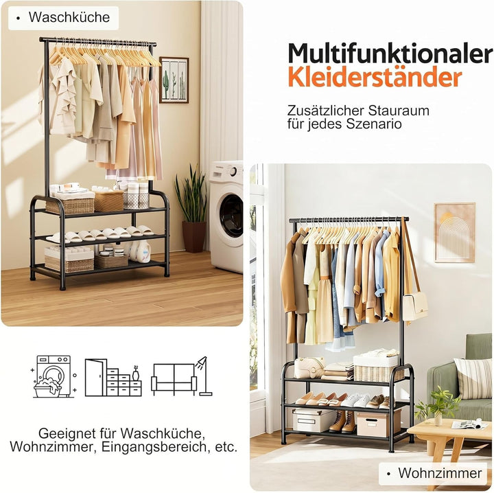 MISSLO 76CM Stabil Kleiderständer – freistehende Klein Kleiderstange mit 3-stufiger Schuhorgansation