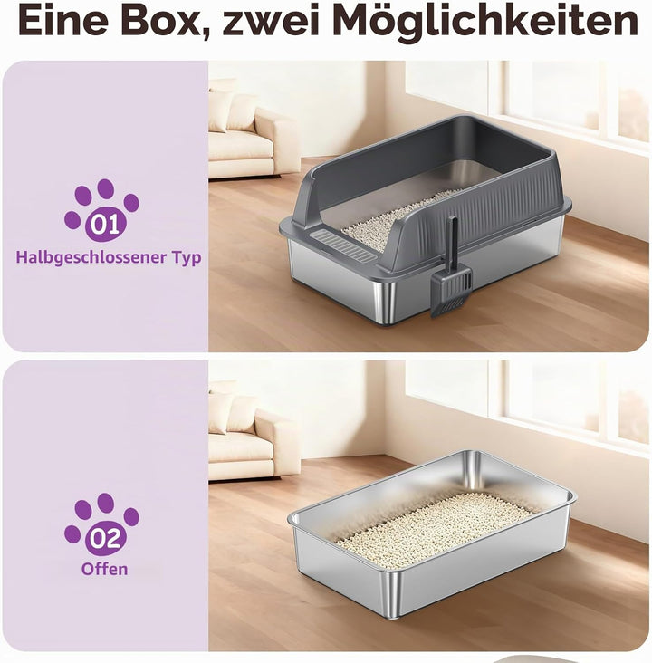 Edelstahl Offene Katzentoilette – extra grosse Katzentoilette mit hohen Seitenwänden für grosse Katz