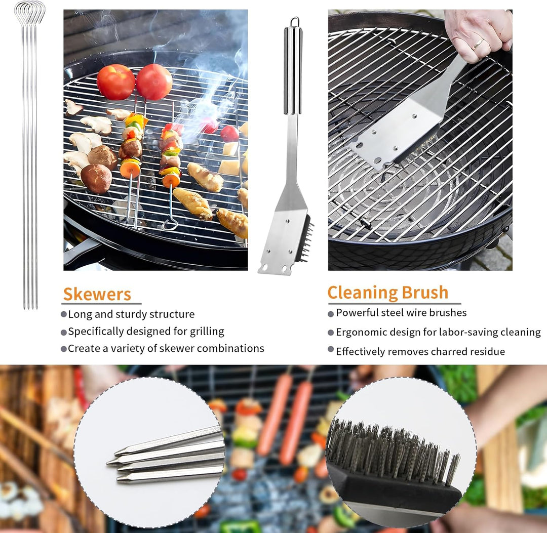 Grillbesteck-Set 11-TLG. 34 cm, Edelstahl, Grillzubehör mit Grillzange, Grillgabel, Tragbare Grillko