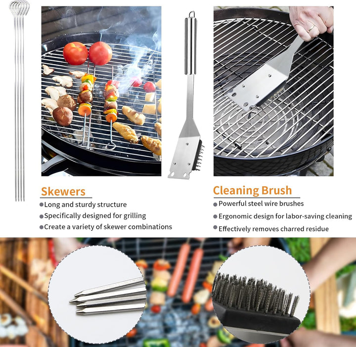 Grillbesteck-Set 11-TLG. 34 cm, Edelstahl, Grillzubehör mit Grillzange, Grillgabel, Tragbare Grillko