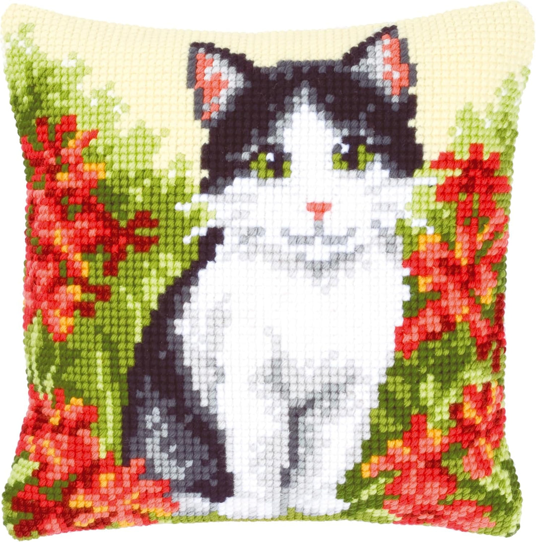 Vervaco Katze in Blumenfeld Kreuzstichkissen/Stickkissen vorgedruckt, Baumwolle, Mehrfarbig, 40 x 40