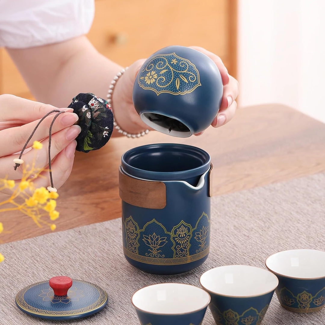 Teeservice aus Porzellan, Chinesischer Reise Tee Set mit 6 Keramik Tassen, Klein Teekanne mit Eingeb