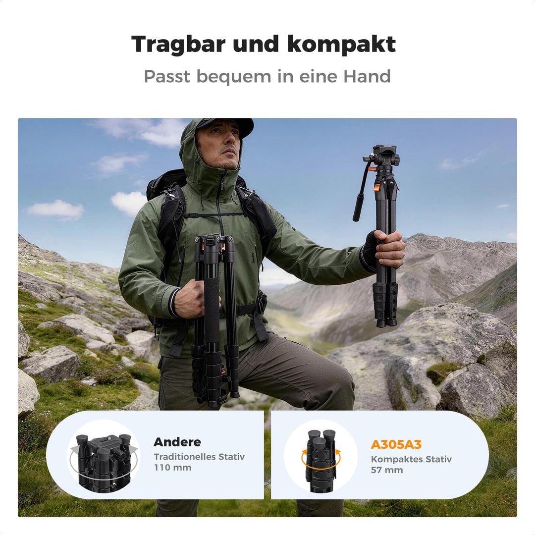Kamera Stativ,K&F CONCEPT Videostativ mit Fluidkopf,187cm Stativ Kamera, Tripod für unterwegs, Kompa
