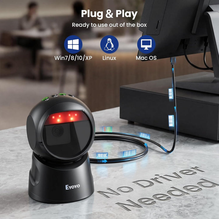 Eyoyo USB-Barcode-Scanner, omnidirektionaler automatischer Barcodeleser, Freisprecheinrichtung, 2D Q
