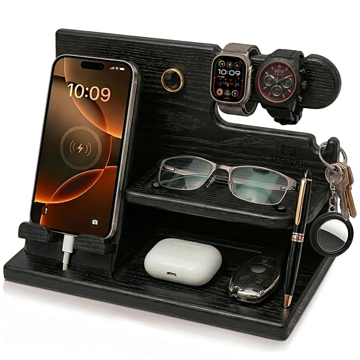 TESLYAR Männer Docking Station &amp; Schreibtisch Organizer Holz mit Handyständer Schwarz für Büro Aufbe