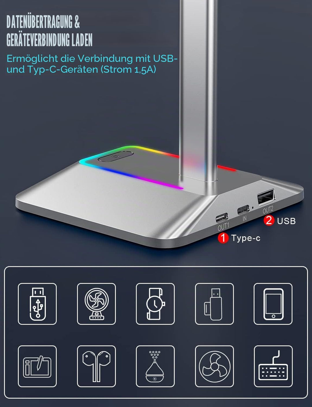 New bee Kopfhörer Ständer RGB Headset Halterung mit USB Typ-C Ladegeräten und Datenübertragung Unive