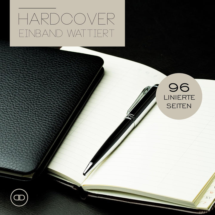 DELMON VARONE - Personalisierbares Adressbuch DIN A6+ gebunden mit A-Z Register Softgrain Leder schw