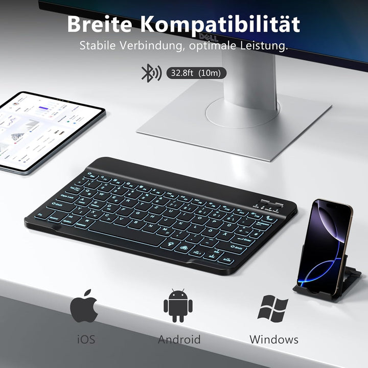 Vobafe Bluetooth Tastatur mit Telefonhalter für iPad Air/Pro/Mini/A16/11/10.9/10.2/iPhone, Kabellose
